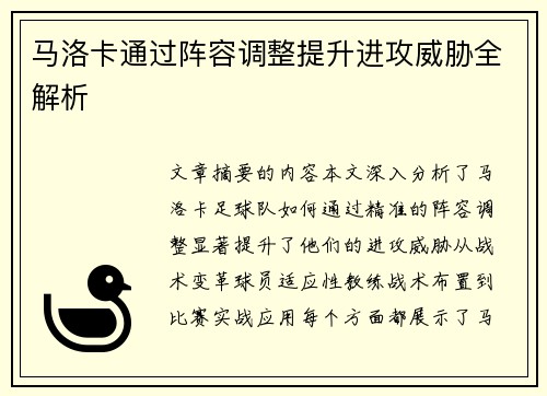 马洛卡通过阵容调整提升进攻威胁全解析